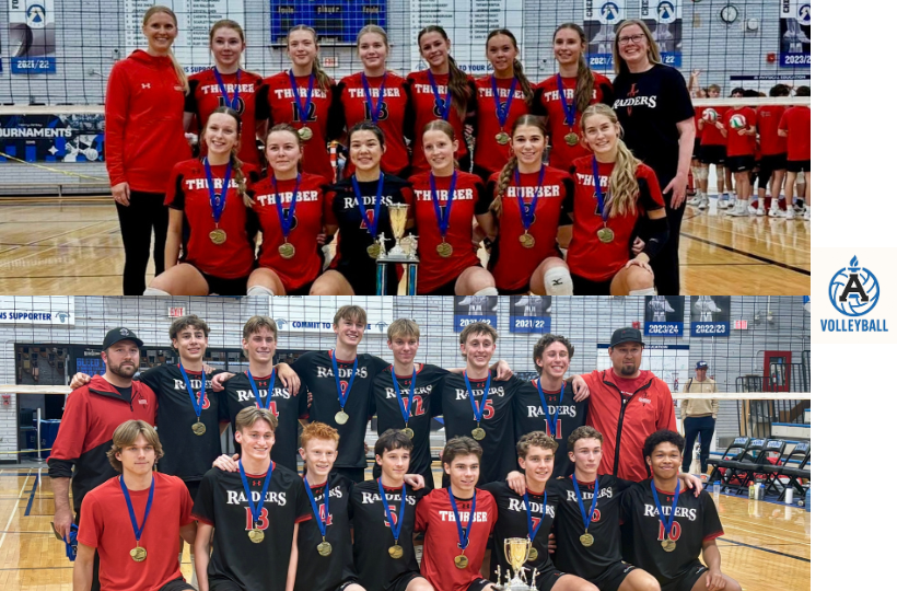 Senior volleyball teams with tournament trophy