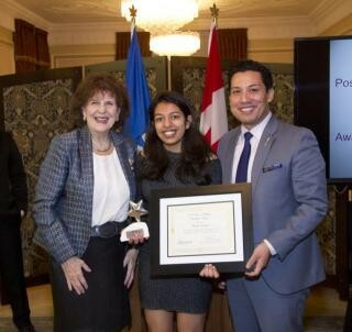 Photo (left to right): The Honourable Lois Mitchell, Lieutenant Governor of Alberta, Poshika Dhingra, Award Winner and the Honourable Ricardo Miranda, Minister of Alberta Culture and Tourism